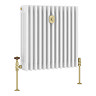 Chatsworth 600 x 605mm Cast Iron Style 4 Column White Radiator - Brushed Brass Wall Stay Bracket and Thermostatic Valves
