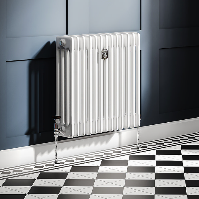 Chatsworth 600 x 605mm Cast Iron Style 4 Column White Radiator - Chrome Wall Stay Bracket and Thermostatic Valves