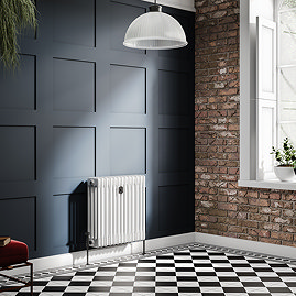 Chatsworth 600 x 605mm Cast Iron Style 4 Column White Radiator - Matt Black Wall Stay Bracket and Thermostatic Valves