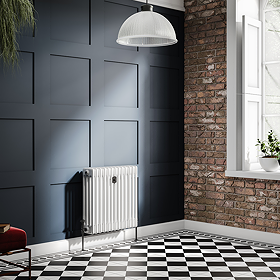 Chatsworth 600 x 605mm Cast Iron Style 4 Column White Radiator - Matt Black Wall Stay Bracket and Thermostatic Valves