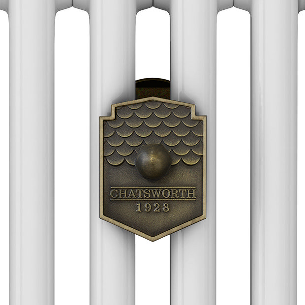 Chatsworth 600 x 605mm Cast Iron Style 4 Column White Radiator - Rustic Brass Wall Stay Bracket and Thermostatic Valves