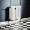 Chatsworth 600 x 605mm Cast Iron Style 4 Column White Radiator - Rustic Brass Wall Stay Bracket and Thermostatic Valves
