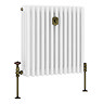Chatsworth 600 x 605mm Cast Iron Style 4 Column White Radiator - Rustic Brass Wall Stay Bracket and Thermostatic Valves