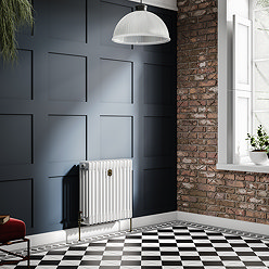 Chatsworth 600 x 605mm Cast Iron Style 4 Column White Radiator - Rustic Brass Wall Stay Bracket and Thermostatic Valves