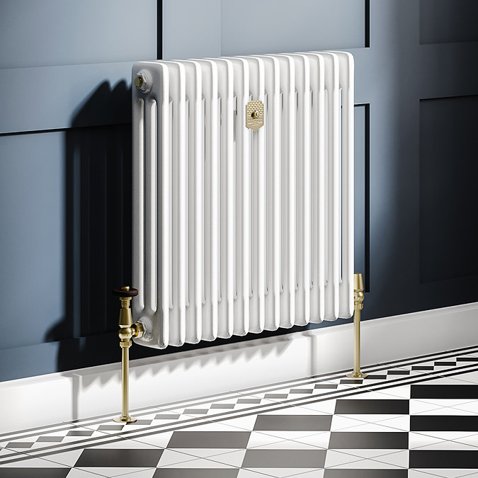 Chatsworth 600 x 605mm Cast Iron Style 3 Column White Radiator - Brushed Brass Wall Stay Bracket and Thermostatic Valves