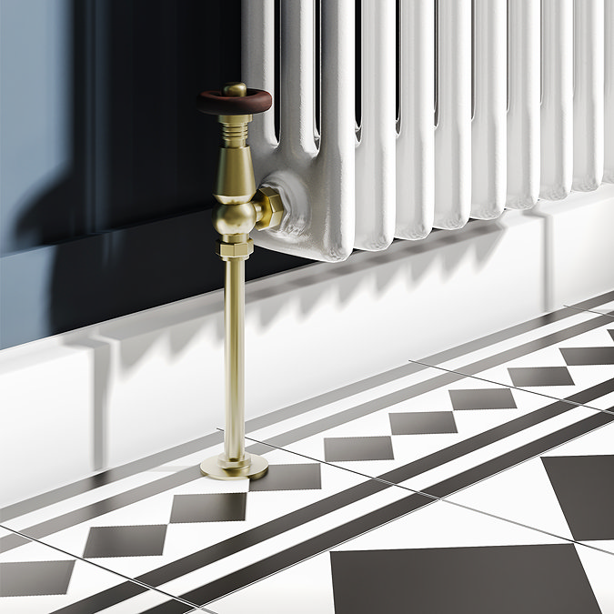 Chatsworth 600 x 605mm Cast Iron Style 3 Column White Radiator - Brushed Brass Wall Stay Bracket and Thermostatic Valves