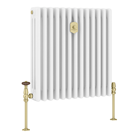 Chatworth 600 x 605mm Cast Iron Style Traditional 3 Column White Radiator - Brushed Brass Wall Stay Bracket and Thermostatic Valves