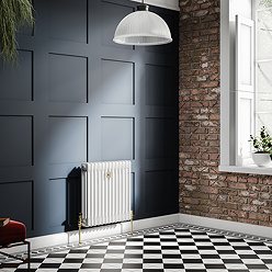 Chatsworth 600 x 605mm Cast Iron Style 3 Column White Radiator - Brushed Brass Wall Stay Bracket and Thermostatic Valves
