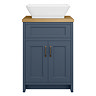 Chatsworth 610mm Blue Countertop Vanity with Beech Worktop, Rectangular Gloss White Basin & Antique Brass Handles