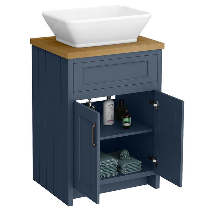 Chatsworth 610mm Blue Countertop Vanity with Beech Worktop, Rectangular Gloss White Basin & Antique Brass Handles