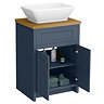 Chatsworth 610mm Blue Countertop Vanity with Beech Worktop, Rectangular Gloss White Basin & Antique Brass Handles