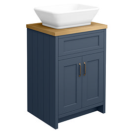 Chatsworth 610mm Blue Countertop Vanity with Beech Worktop, Rectangular Gloss White Basin & Antique Brass Handles