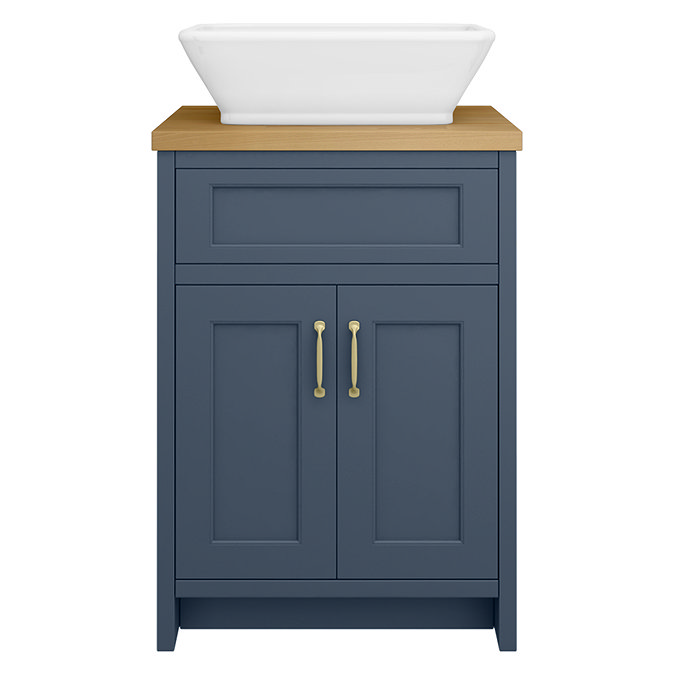 Chatsworth 610mm Blue Countertop Vanity with Beech Worktop, Rectangular Gloss White Basin & Brushed Brass Handles