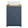 Chatsworth 610mm Blue Countertop Vanity with Beech Worktop, Rectangular Gloss White Basin & Brushed Brass Handles