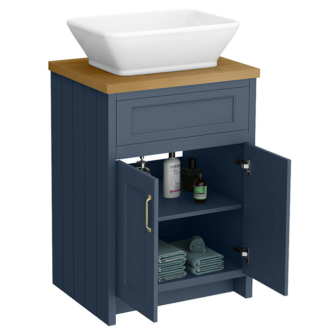 Chatsworth 610mm Blue Countertop Vanity with Beech Worktop, Rectangular Gloss White Basin & Brushed Brass Handles