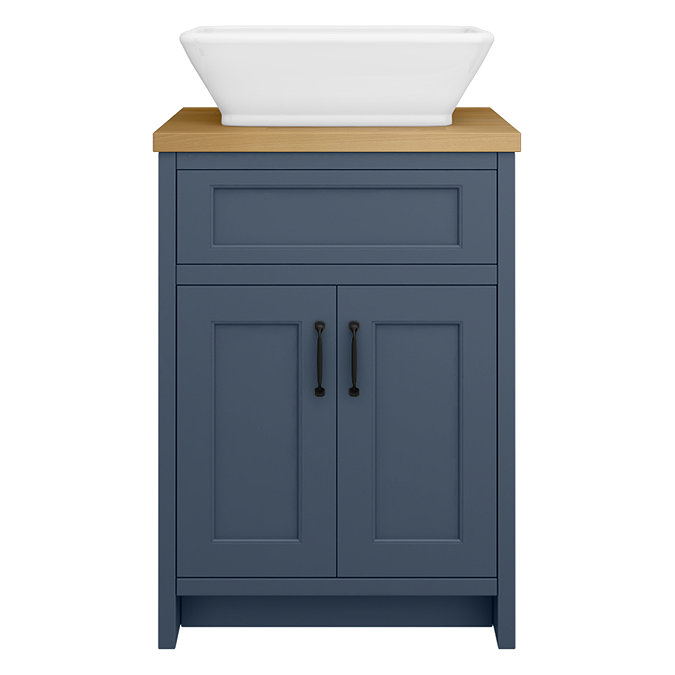 Chatsworth 610mm Blue Countertop Vanity with Beech Worktop, Rectangular Gloss White Basin & Matt Black Handles