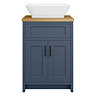 Chatsworth 610mm Blue Countertop Vanity with Beech Worktop, Rectangular Gloss White Basin & Matt Black Handles