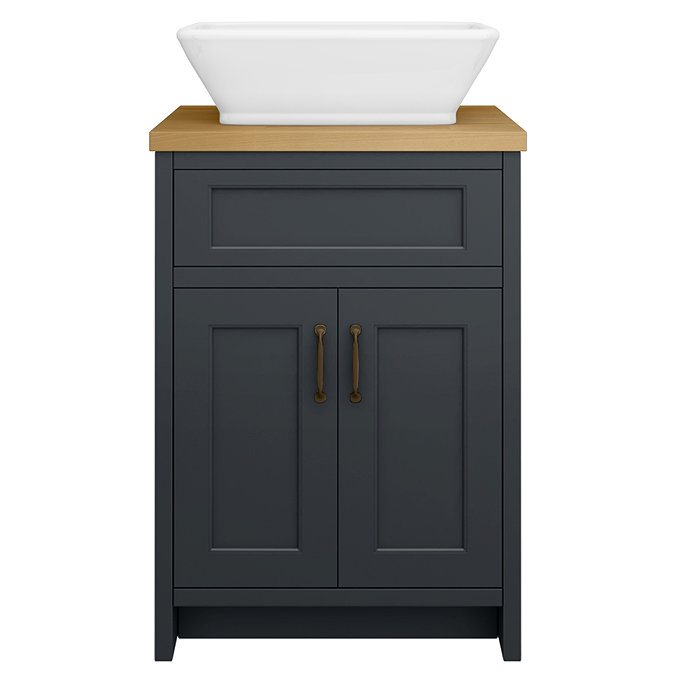 Chatsworth 610mm Graphite Countertop Vanity with Beech Worktop, Rectangular Gloss White Basin & Antique Brass Handles