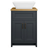 Chatsworth 610mm Graphite Countertop Vanity with Beech Worktop, Rectangular Gloss White Basin & Antique Brass Handles