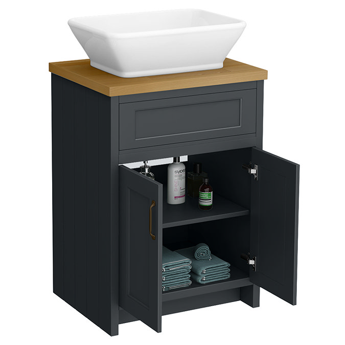 Chatsworth 610mm Graphite Countertop Vanity with Beech Worktop, Rectangular Gloss White Basin & Antique Brass Handles
