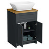 Chatsworth 610mm Graphite Countertop Vanity with Beech Worktop, Rectangular Gloss White Basin & Antique Brass Handles