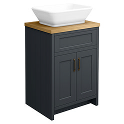 Chatsworth 610mm Graphite Countertop Vanity with Beech Worktop, Rectangular Gloss White Basin & Antique Brass Handles
