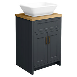 Chatsworth 610mm Graphite Countertop Vanity with Beech Worktop, Rectangular Gloss White Basin & Antique Brass Handles
