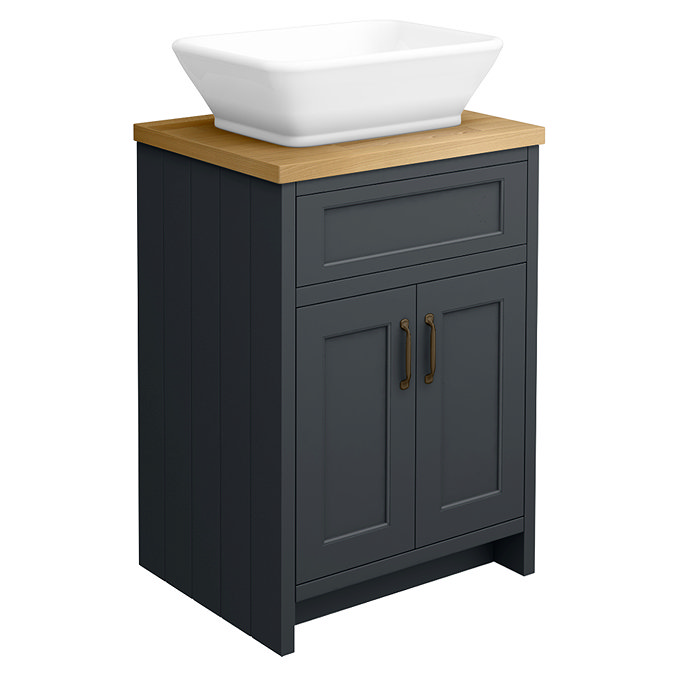 Chatsworth 610mm Graphite Countertop Vanity with Beech Worktop, Rectangular Gloss White Basin & Antique Brass Handles