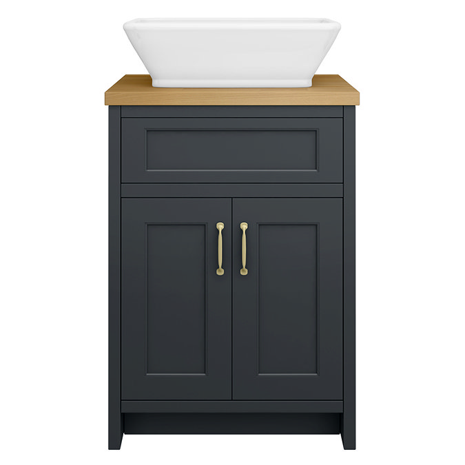 Chatsworth 610mm Graphite Countertop Vanity with Beech Worktop, Rectangular Gloss White Basin & Brushed Brass Handles