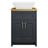 Chatsworth 610mm Graphite Countertop Vanity with Beech Worktop, Rectangular Gloss White Basin & Brushed Brass Handles