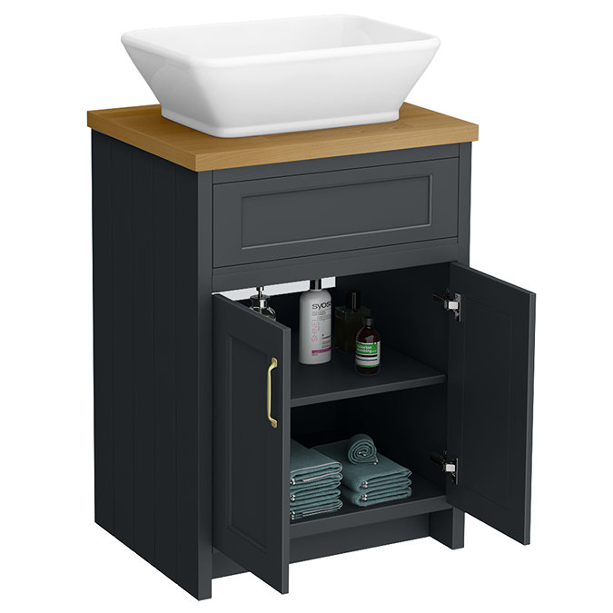 Chatsworth 610mm Graphite Countertop Vanity with Beech Worktop, Rectangular Gloss White Basin & Brushed Brass Handles
