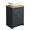 Chatsworth 610mm Graphite Countertop Vanity with Beech Worktop, Rectangular Gloss White Basin & Brushed Brass Handles