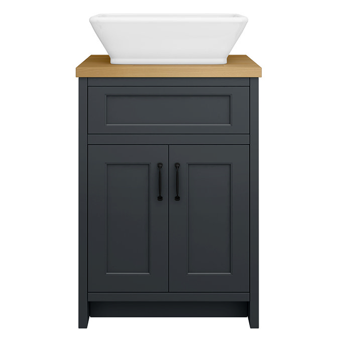 Chatsworth 610mm Graphite Countertop Vanity with Beech Worktop, Rectangular Gloss White Basin & Matt Black Handles