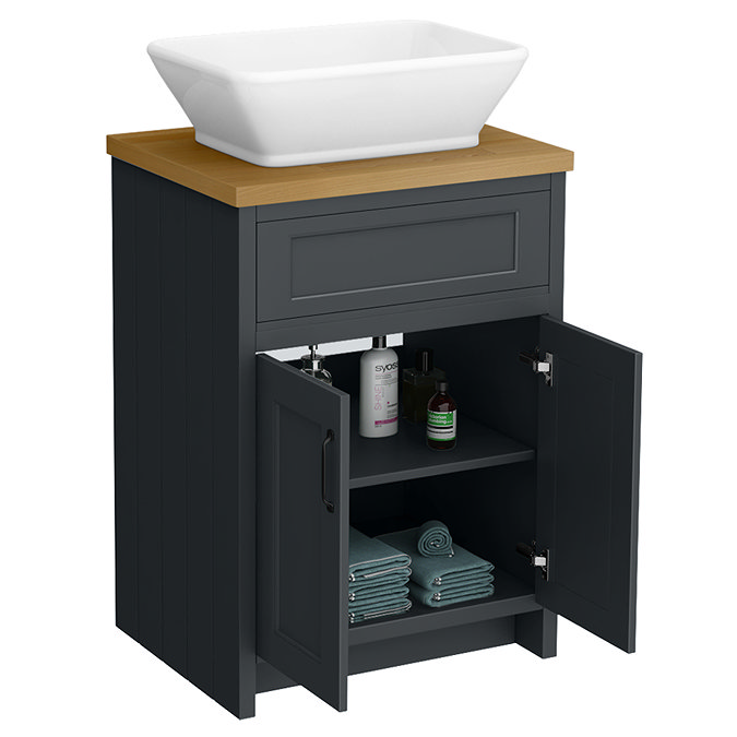 Chatsworth 610mm Graphite Countertop Vanity with Beech Worktop, Rectangular Gloss White Basin & Matt Black Handles