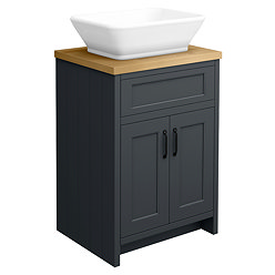 Chatsworth 610mm Graphite Countertop Vanity with Beech Worktop, Rectangular Gloss White Basin & Matt Black Handles