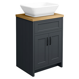 Chatsworth 610mm Graphite Countertop Vanity with Beech Worktop, Rectangular Gloss White Basin & Matt Black Handles