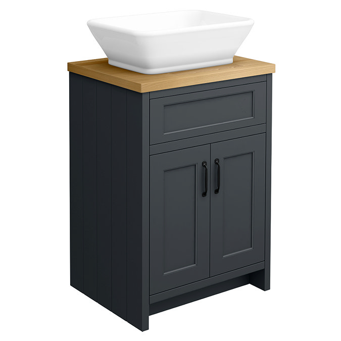 Chatsworth 610mm Graphite Countertop Vanity with Beech Worktop, Rectangular Gloss White Basin & Matt Black Handles