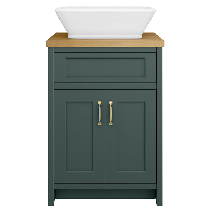 Chatsworth 610mm Green Countertop Vanity with Beech Worktop, Rectangular Gloss White Basin & Brushed Brass Handles