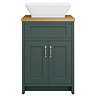 Chatsworth 610mm Green Countertop Vanity with Beech Worktop, Rectangular Gloss White Basin & Brushed Brass Handles