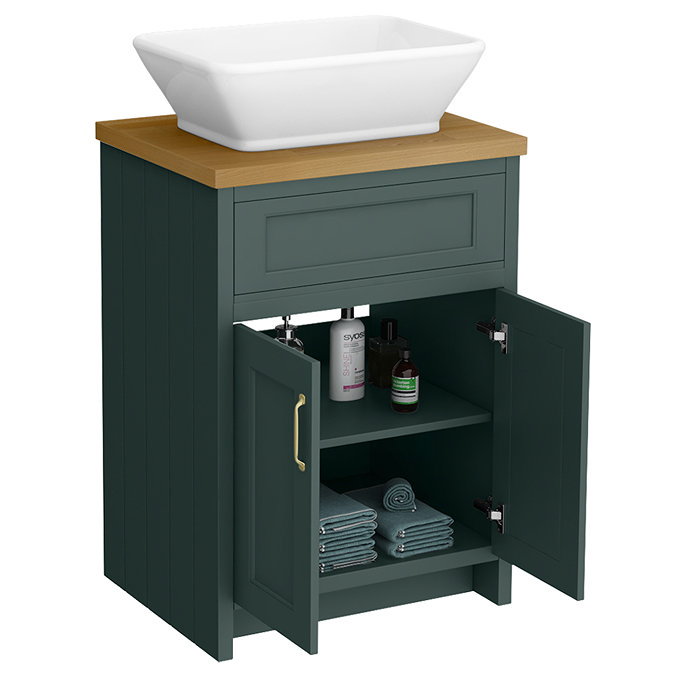 Chatsworth 610mm Green Countertop Vanity with Beech Worktop, Rectangular Gloss White Basin & Brushed Brass Handles
