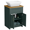 Chatsworth 610mm Green Countertop Vanity with Beech Worktop, Rectangular Gloss White Basin & Brushed Brass Handles