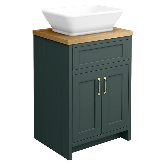 Chatsworth 610mm Green Countertop Vanity with Beech Worktop, Rectangular Gloss White Basin & Brushed Brass Handles
