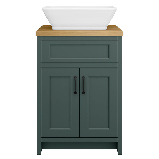 Chatsworth 610mm Green Countertop Vanity with Beech Worktop, Rectangular Gloss White Basin & Matt Black Handles