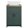 Chatsworth 610mm Green Countertop Vanity with Beech Worktop, Rectangular Gloss White Basin & Matt Black Handles