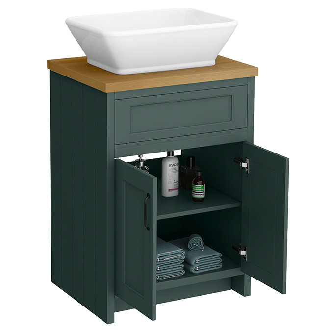Chatsworth 610mm Green Countertop Vanity with Beech Worktop, Rectangular Gloss White Basin & Matt Black Handles