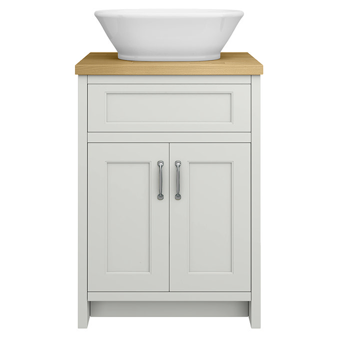 Chatsworth 610mm Grey Countertop Vanity with Beech Worktop, Oval Gloss White Basin & Chrome Handles