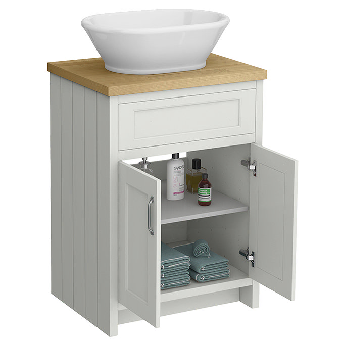 Chatsworth 610mm Grey Countertop Vanity with Beech Worktop, Oval Gloss White Basin & Chrome Handles