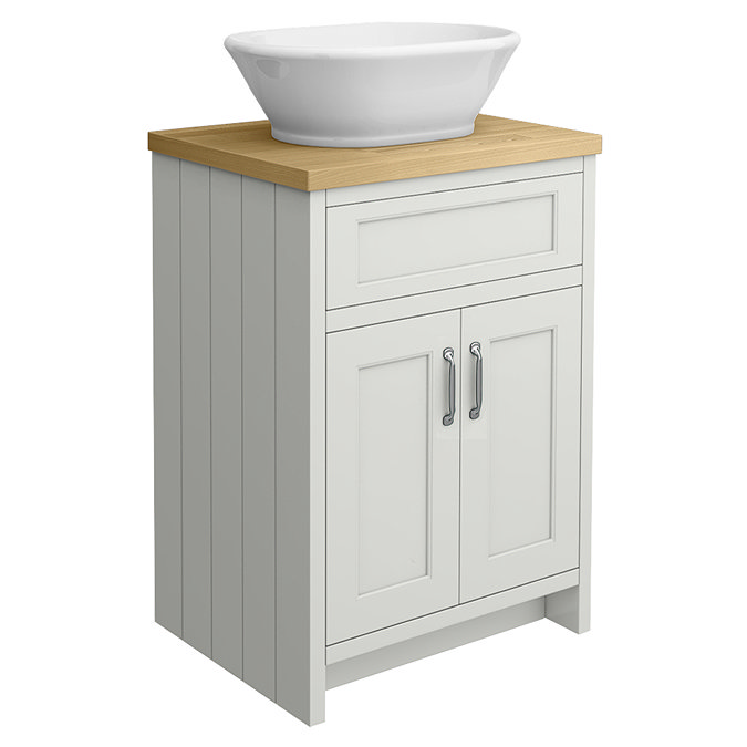 Chatsworth 610mm Grey Countertop Vanity with Beech Worktop, Oval Gloss White Basin & Chrome Handles