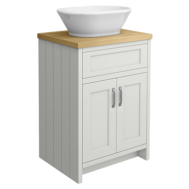 Chatsworth 610mm Grey Countertop Vanity with Beech Worktop, Oval Gloss White Basin & Chrome Handles