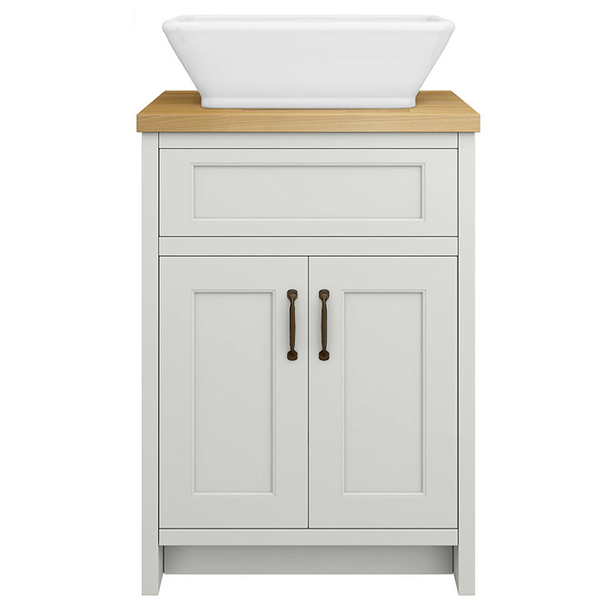 Chatsworth 610mm Grey Countertop Vanity with Beech Worktop, Rectangular Gloss White Basin & Antique Brass Handles